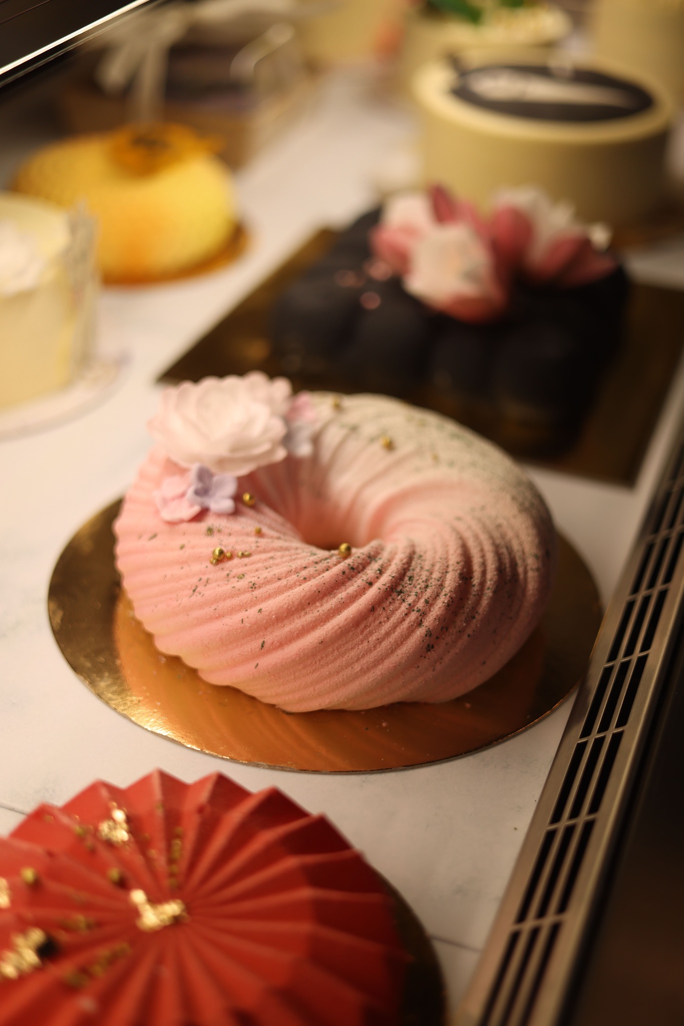 Sculptural pastries in a display setting